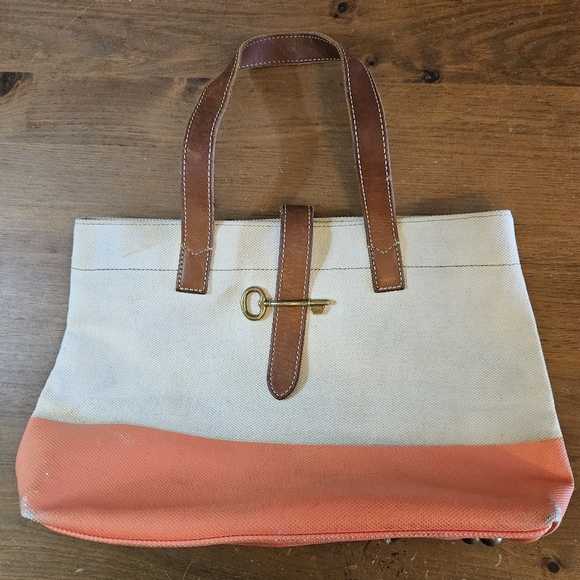 Fossil Austin Shopper Coral & Natural Cotton Canvas Tote Shopping Tote - Picture 1 of 14
